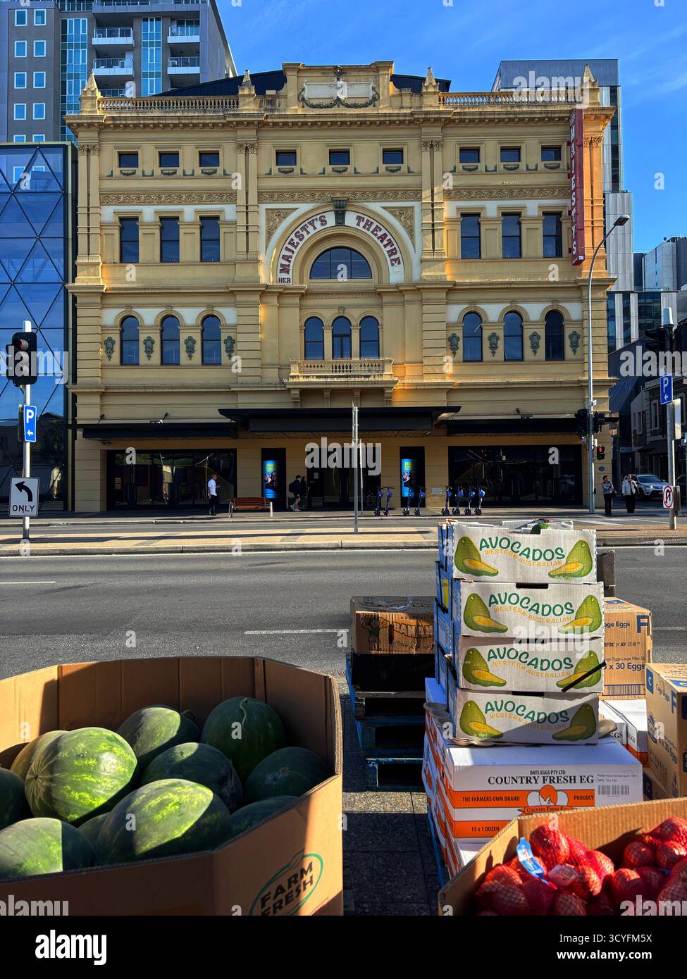 Fresh produce arriving at Central Market across the street from Her Majesty's Theatre, Adelaide, South Australia. No MR or PR - Smartphone Captured Stock Image