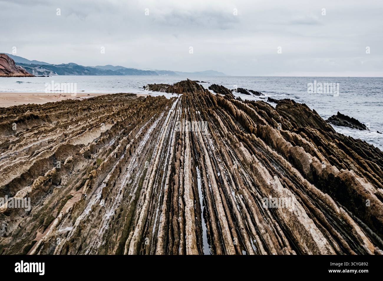 Spectacular Flysch Rock Formation at Low Tide on the Coast of Zumaia, Basque Country, Spain, Showing Layers of Sedimentary Strata Stock Photo