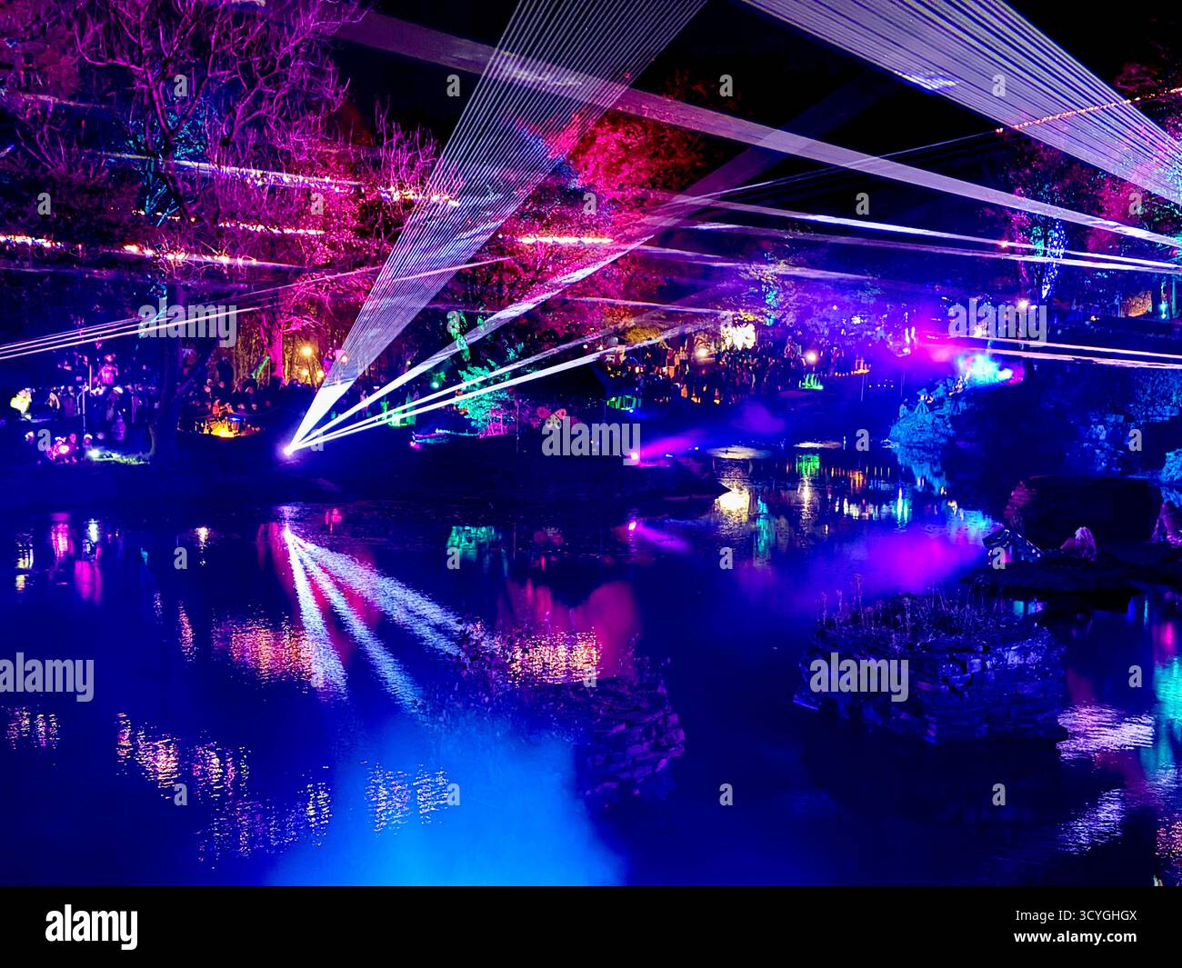 Light show of Rivington Festival of Light at the Japanese  Lake and Kitchen Gardens, near Chorley in Lancashire - Smartphone Captured Stock Image