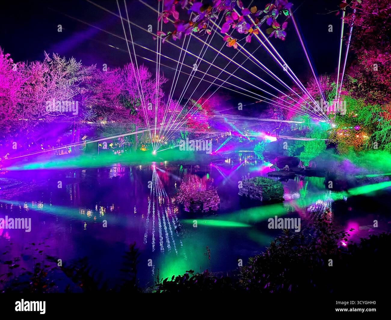 Light show of Rivington Festival of Light at the Japanese  Lake and Kitchen Gardens, near Chorley in Lancashire - Smartphone Captured Stock Image