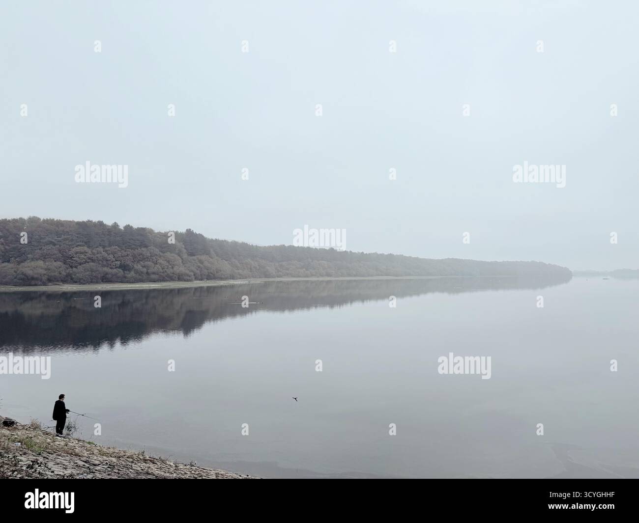 Person fishing in foreground and reflection of trees on a misty day at Rivington reservoir near Chorley in Lancashire - Smartphone Captured Stock Image
