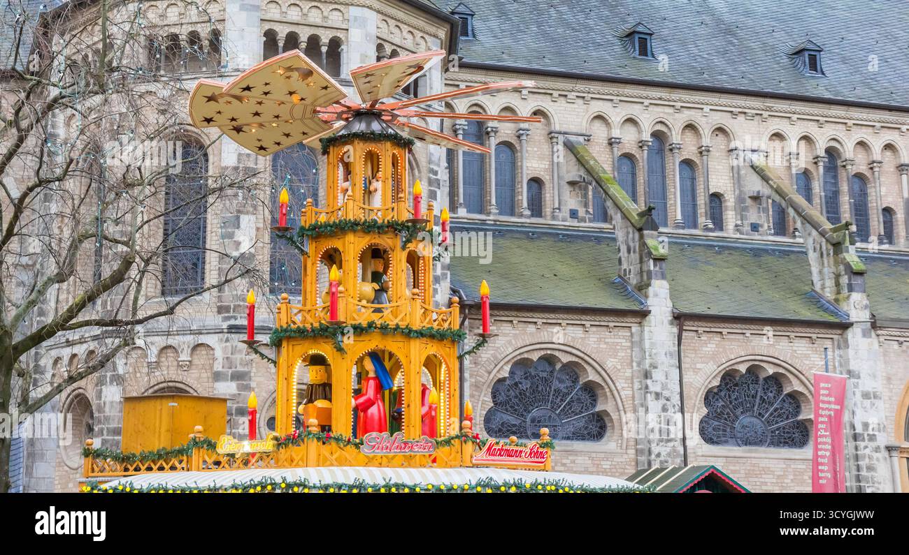 Christmas windmill in front of the Munster church of Bonn, Germany Stock Photo