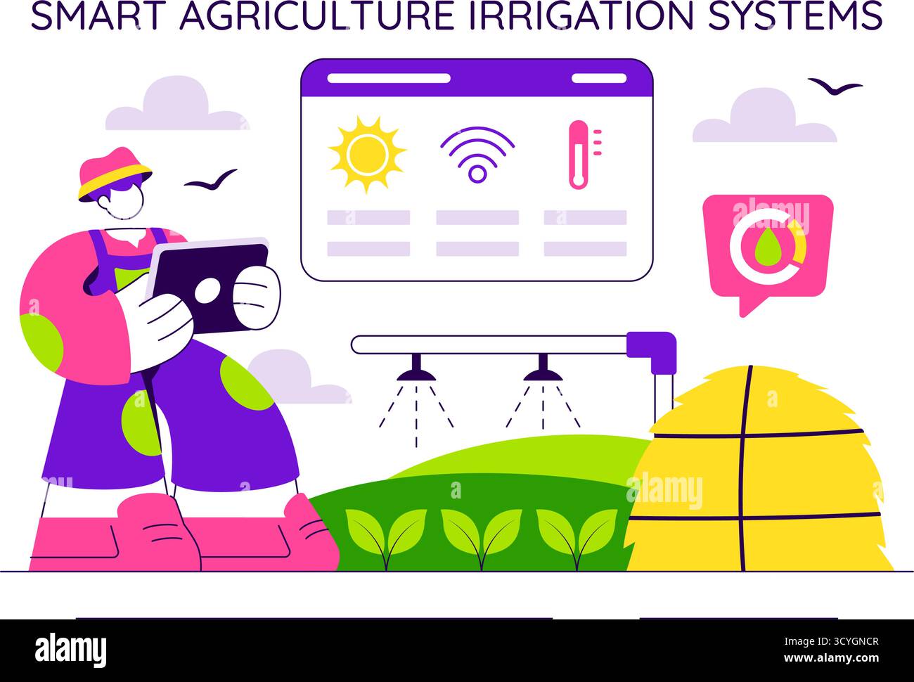 Smart Agriculture Irrigation Systems Illustration Featuring Plant ...