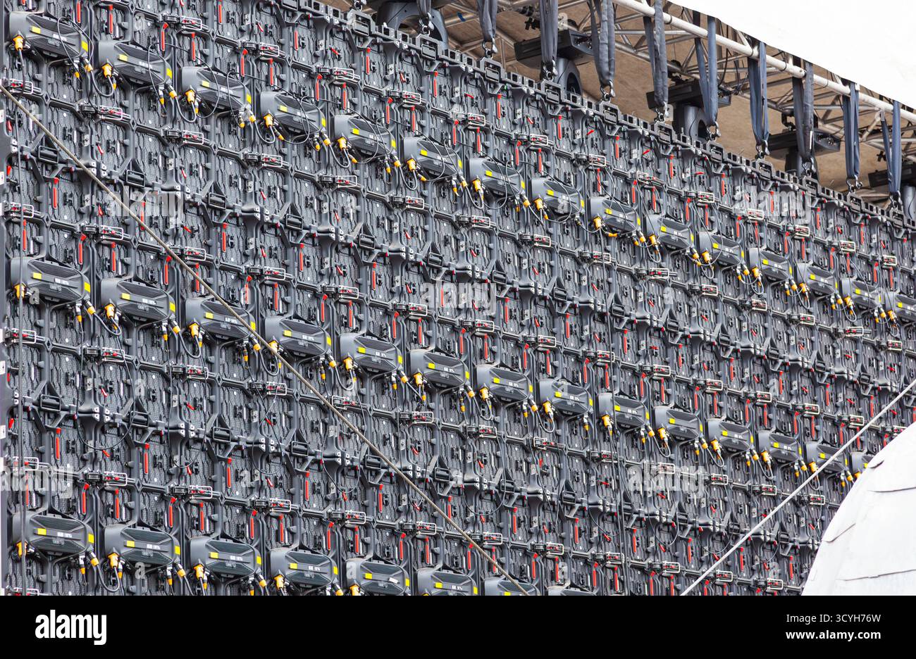 Installed equipment behind the concert stage screen Stock Photo