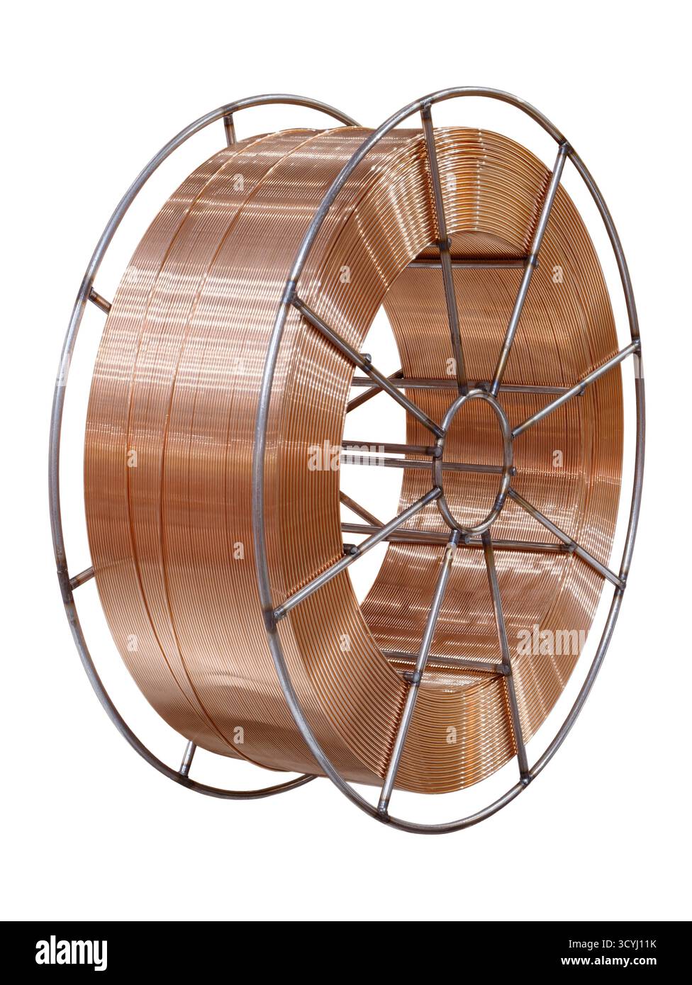 Spool with copper coated welding wire for semi-automatic welding machine, isolated on white background Stock Photo