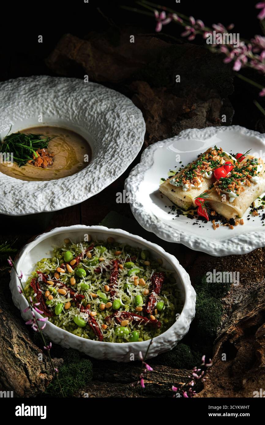 chef presents artful trio of seasonal dishes with textured serveware and sophisticated atmosphere Stock Photo