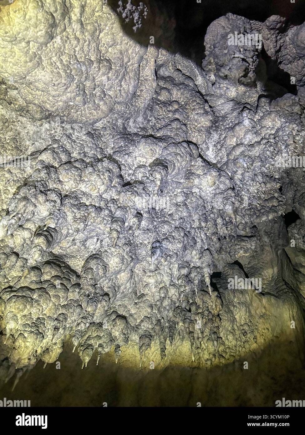 Close-up view of stalactites and textured limestone formations inside the Ice Cave in Uvac Canyon, Serbia, illuminated by a flashlight. - Smartphone Captured Stock Image