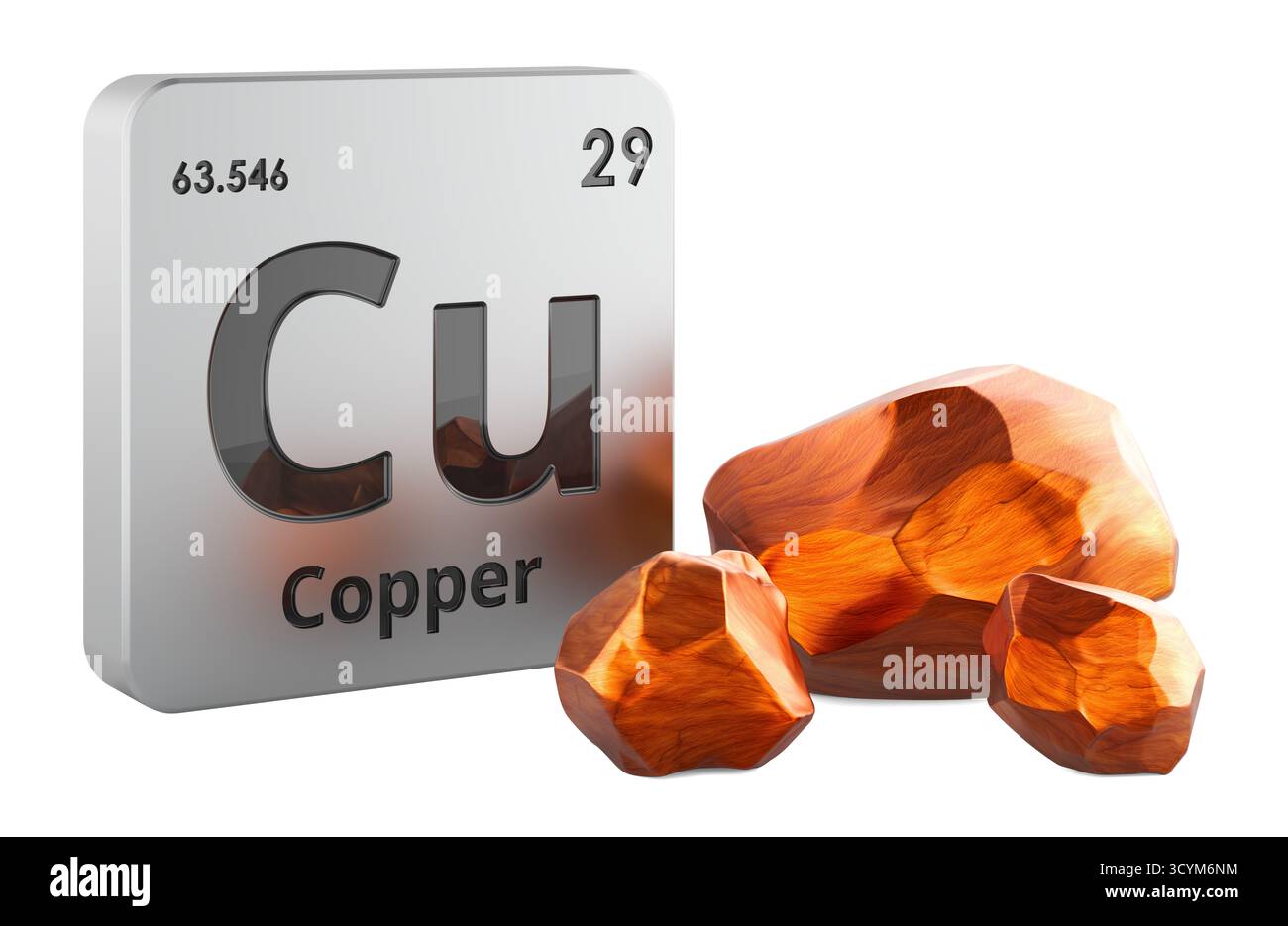 Periodic table copper element symbol with metallic copper nuggets. 3D ...