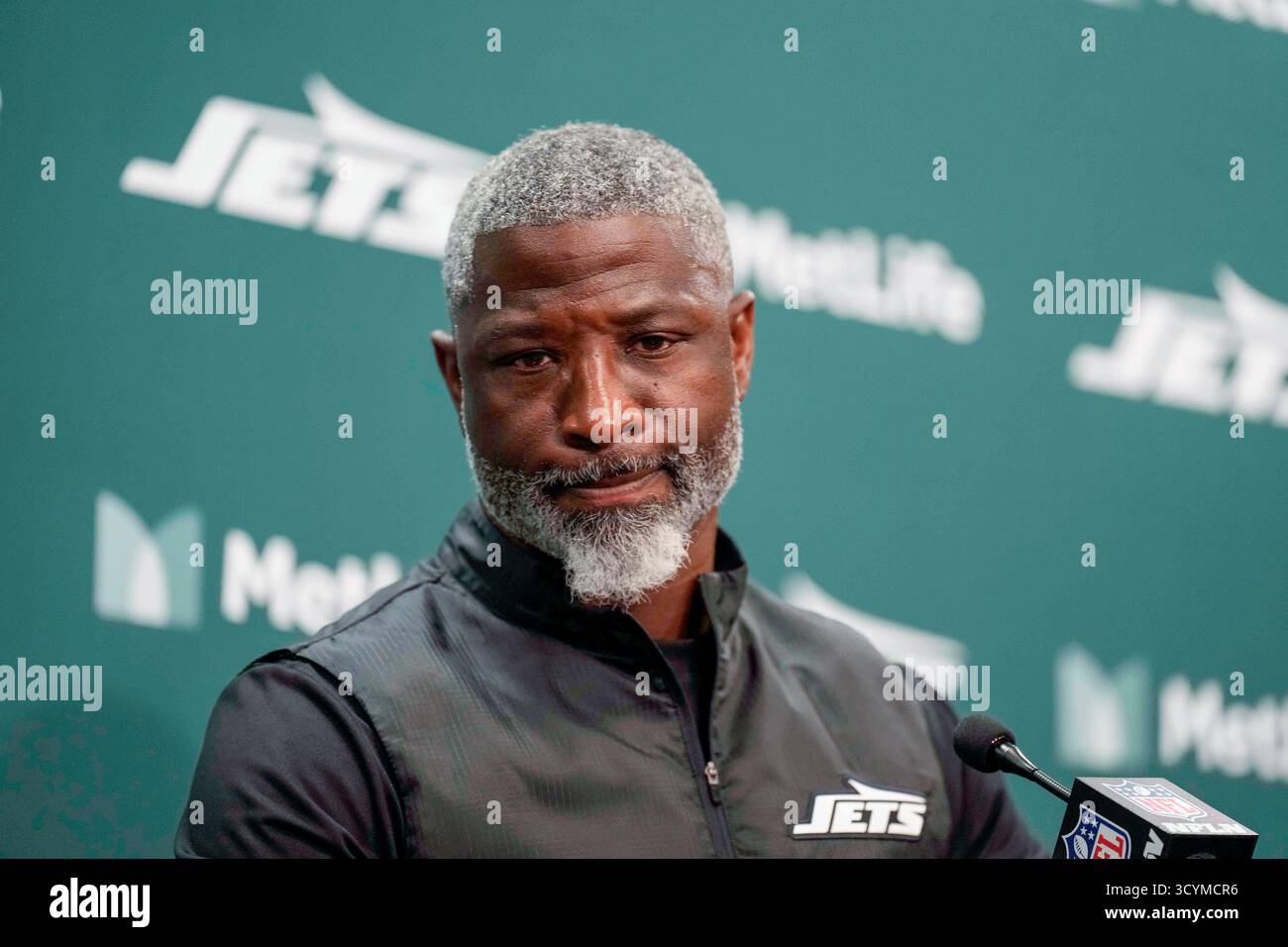 New York Jets head coach Aaron Glenn answers questions during a news ...