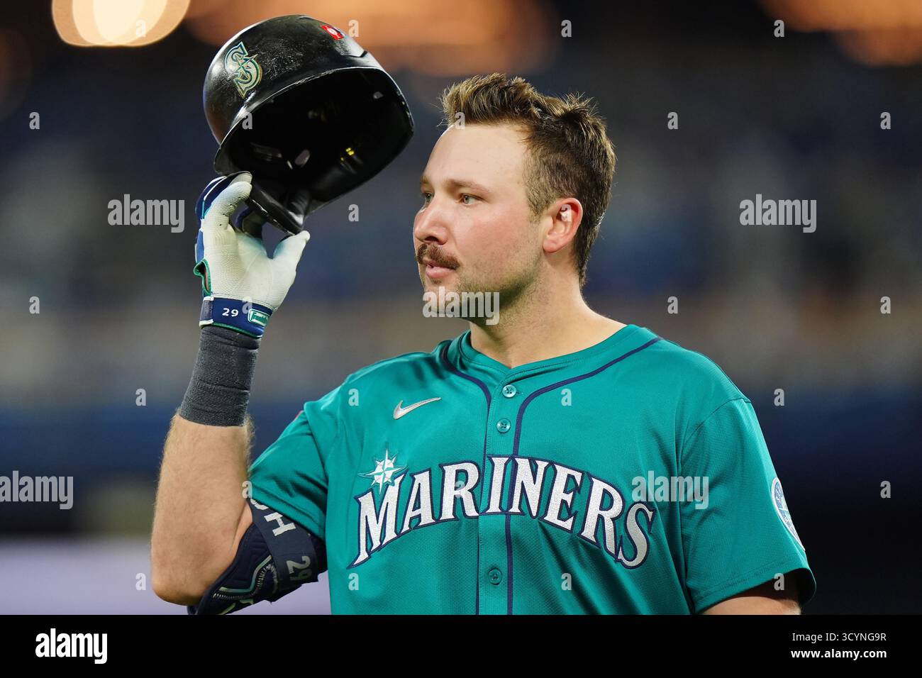 Seattle Mariners' Cal Raleigh reacts after grounding into a double play ...