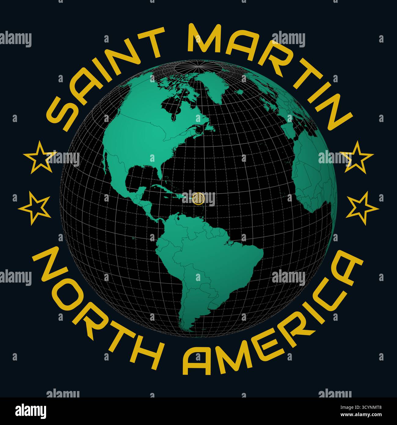 Saint Martin On Globe Round Country And Continent Name Text Country Saint Martin On Globe Round Country And Continent Name Text Country View On World Map In Black Emerald Color Palette Saint Martin Shape On Map 3CYNMT8 