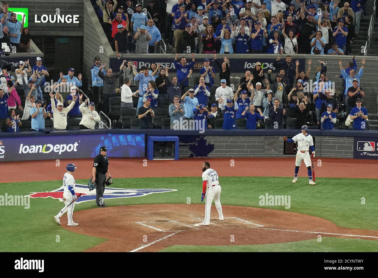 Scoring First Base Toronto Blue Jays first base Vladimir Guerrero Jr. (27) reacts after ...
