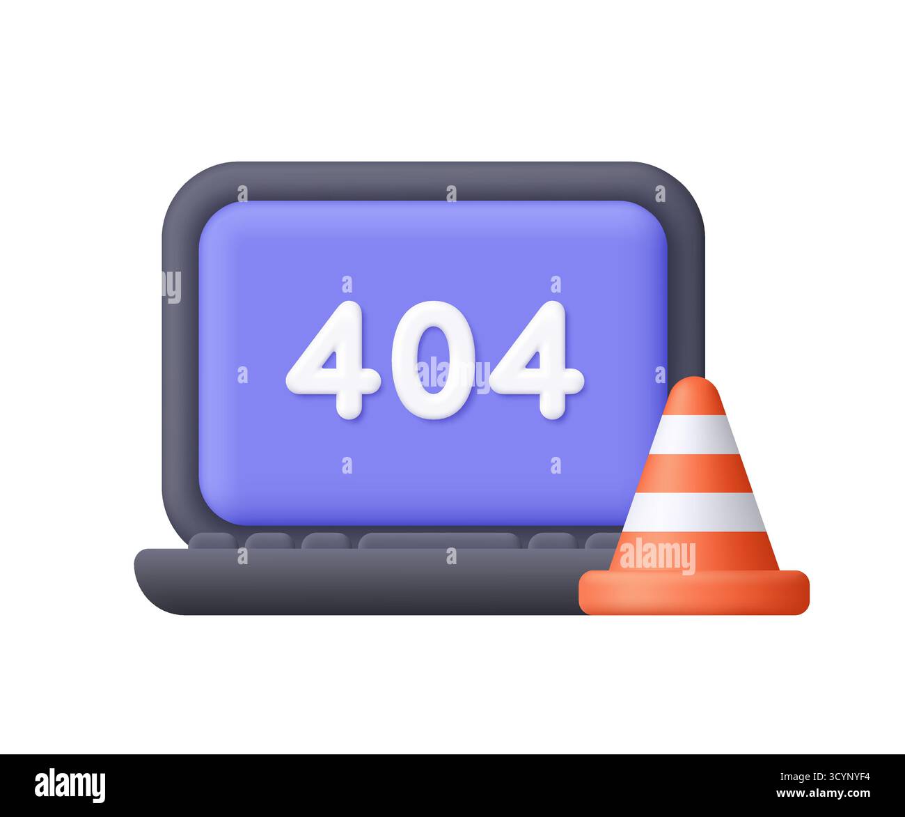 Laptop computer with 404 error symbol and traffic cone. Website error, page not found, technical issue and internet problem concept. 3d vector icon. C Stock Vector