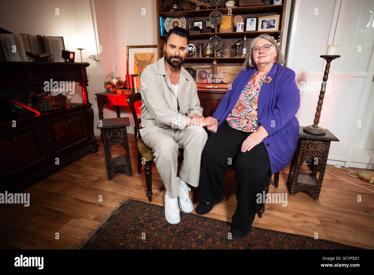 Rylan Clark with the owner of London's Atlantis Bookshop, Geraldine Beskin, during a photocall for The Witches of Essex, A new three-part documentary series for Sky History, at The Atlantis Bookshop in central London. Picture date: Friday October 17, 2025. Stock Photo