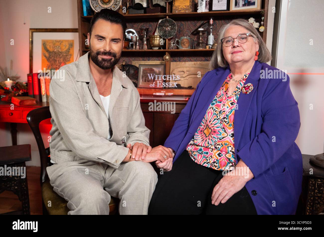 Rylan Clark with the owner of London's Atlantis Bookshop, Geraldine Beskin, during a photocall for The Witches of Essex, A new three-part documentary series for Sky History, at The Atlantis Bookshop in central London. Picture date: Friday October 17, 2025. Stock Photo