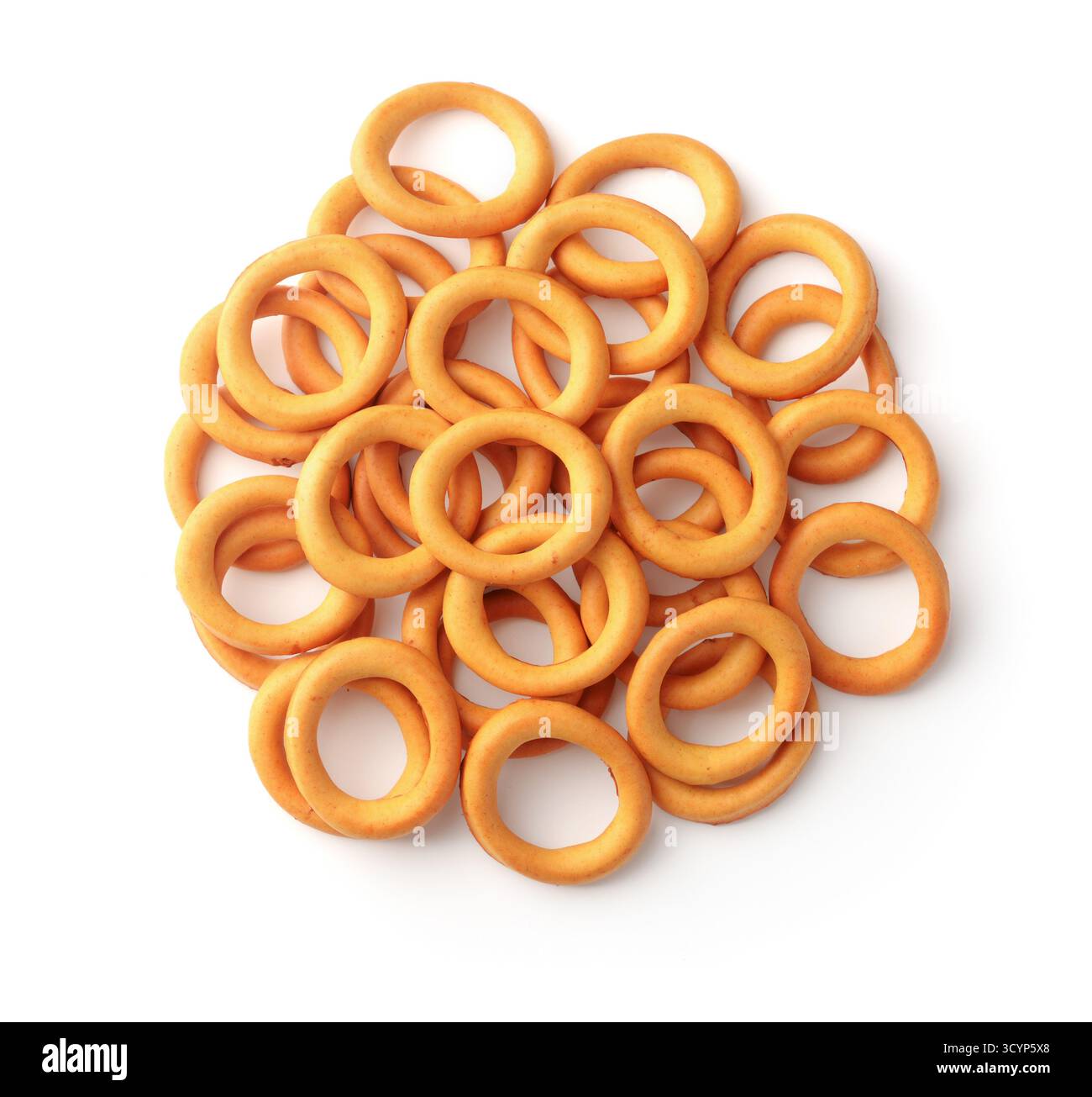 Top view of mini crispbread rings isolated on white Stock Photo