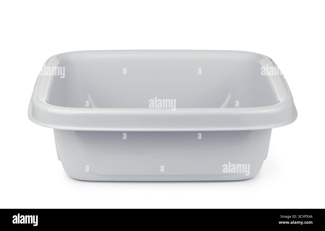 Front view of empty square gray plastic basin isolated on white Stock Photo