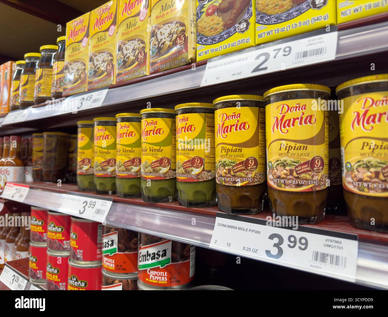Los Angeles, California, United States - 02-01-2023: A view of several jars of Dona Maria sauces, on display at a local grocery store. Stock Photo