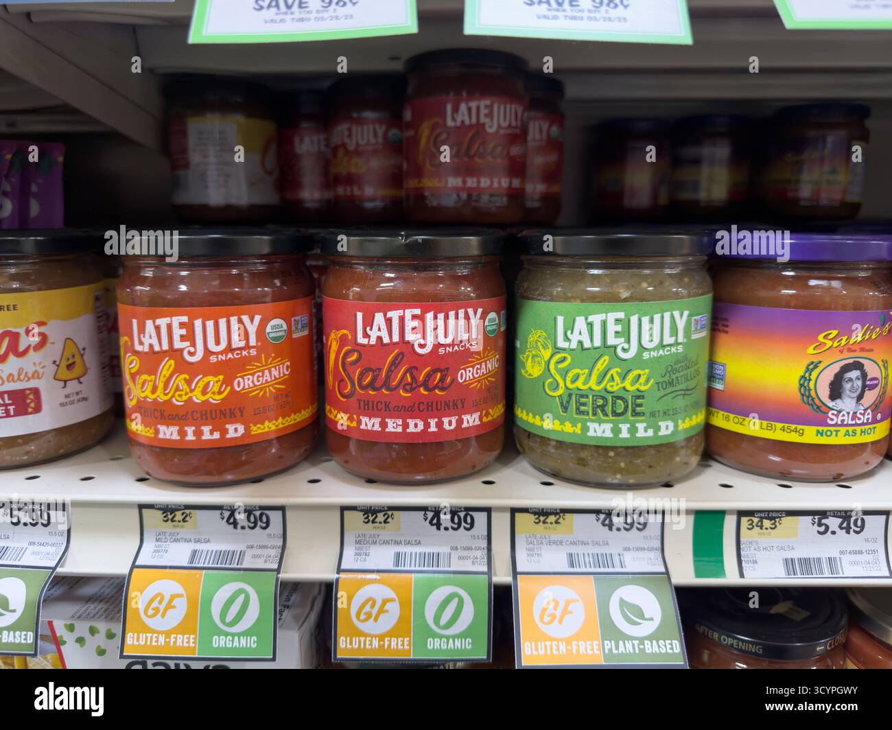 Los Angeles, California, United States - 02-01-2023: A view of several jars of Late July Snacks salsa, on display at a local grocery store. Stock Photo