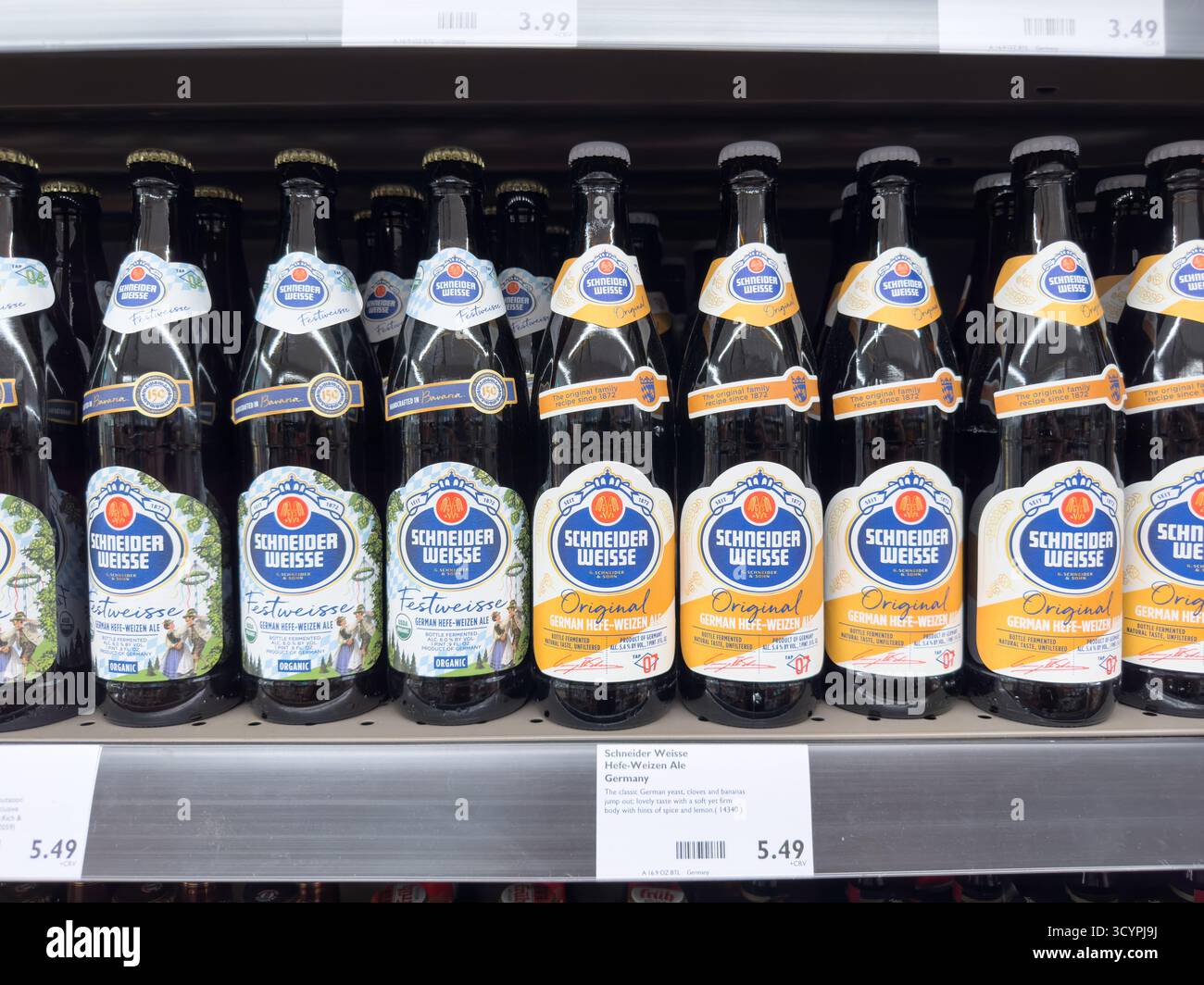 Los Angeles, California, United States - 02-01-2023: A view of several bottles of Schneider Weisse Hefe-weizen ale, at the store. Stock Photo