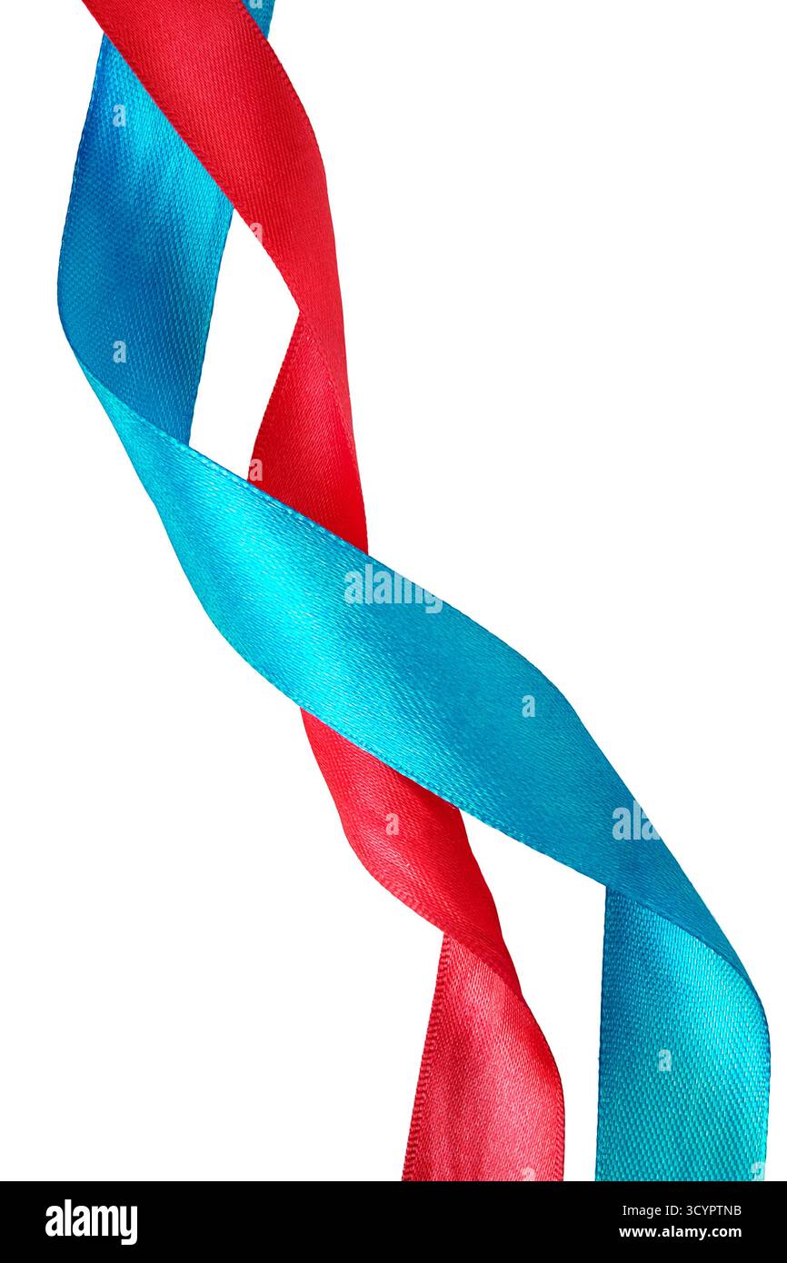 Blue and red twisted silk ribbons isolated on white background Stock Photo