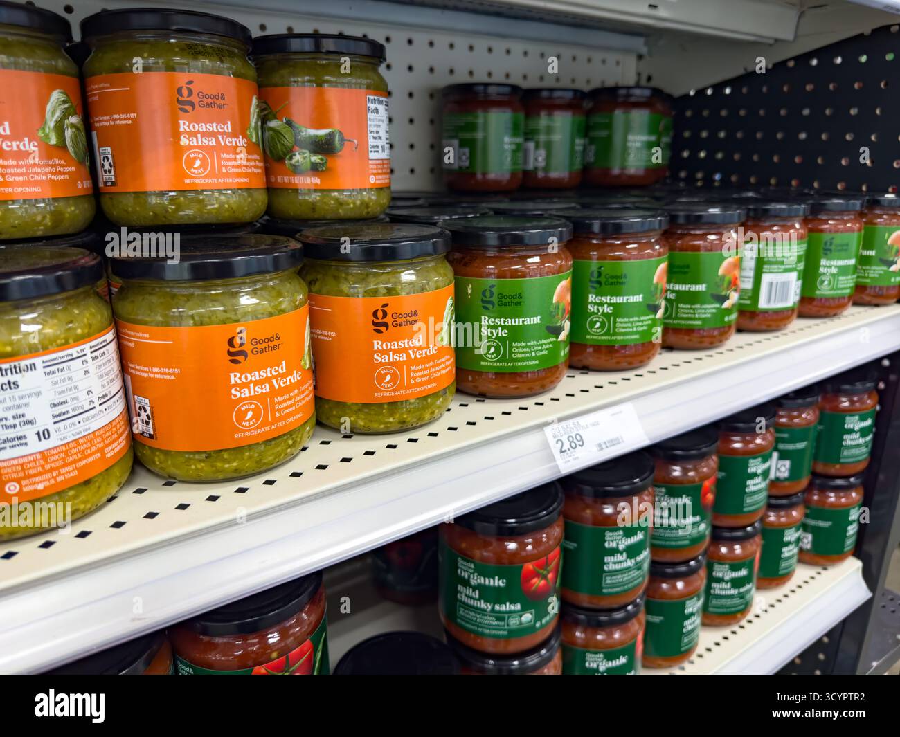 Los Angeles, California, United States - 08-01-2020: A view of several jars of Good and Gather salsa verde, at Target. Stock Photo