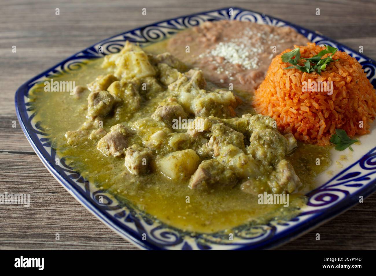 A view of a plate of pork chile verde. Stock Photo