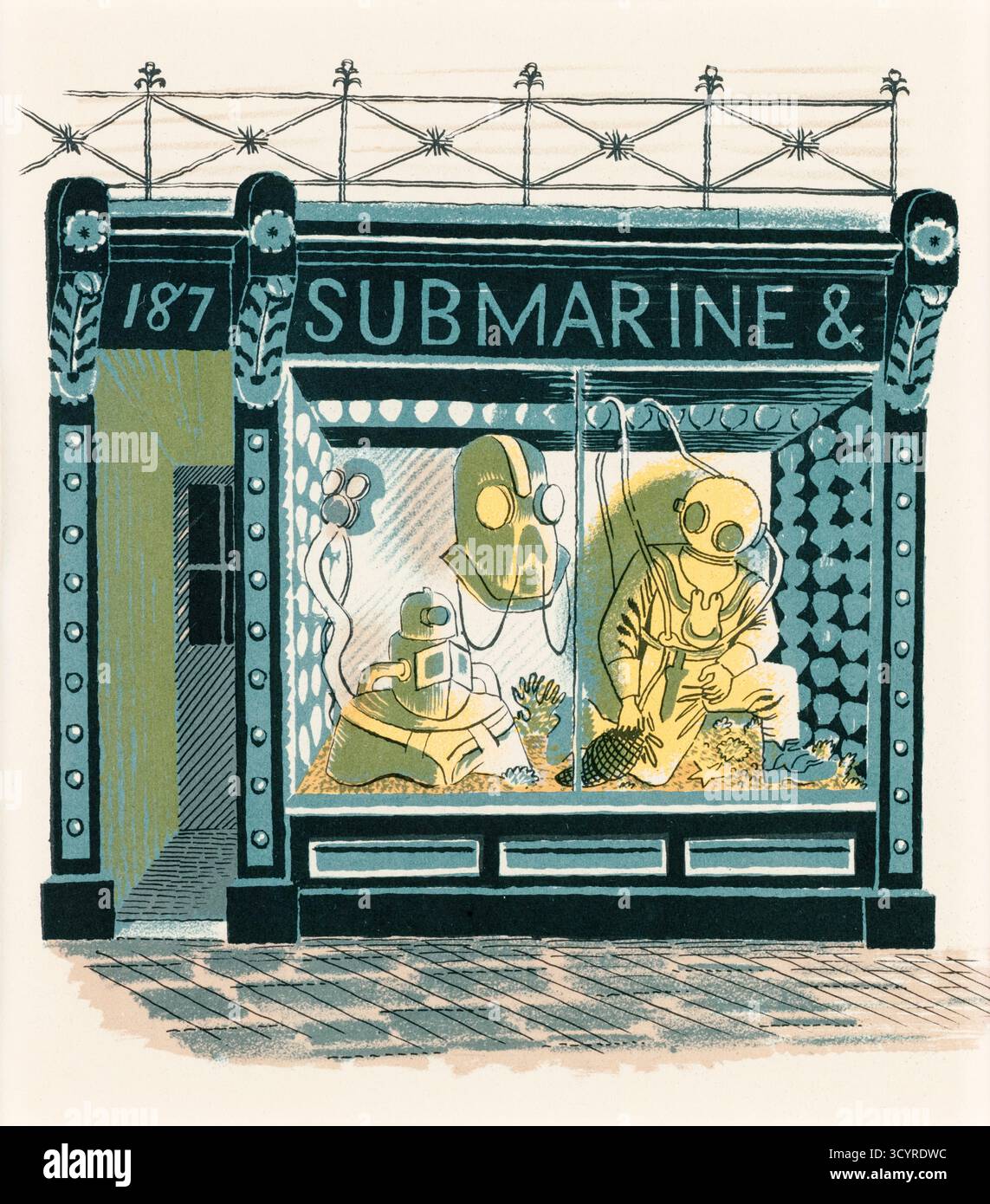 Eric Ravilious, Diving Shop, lithographic print, illustration, 1938 Stock Photo