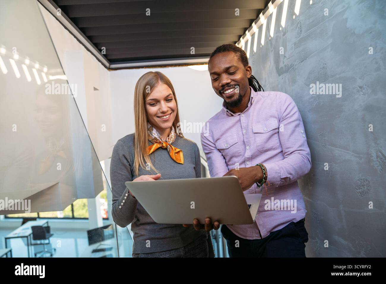Artificial intelligence and technology development team using laptops, coding and smart solutions Stock Photo