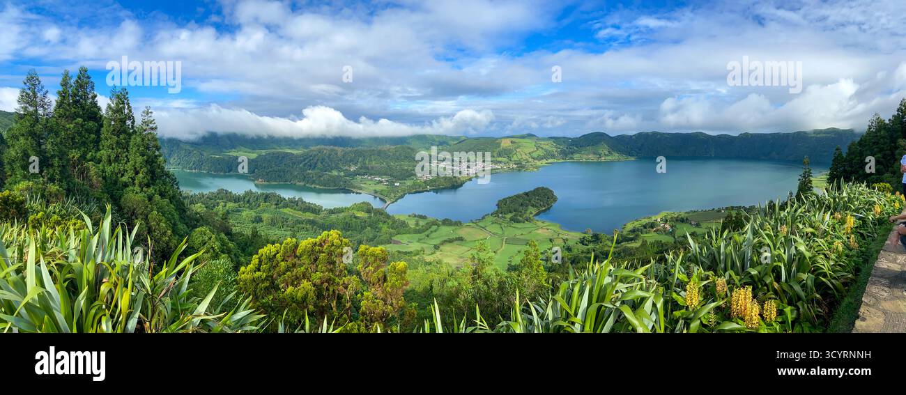 Panoramic Vista of the Twin Lakes of Sete Cidades from Vista do Rei, São Miguel, Azores - Smartphone Captured Stock Image