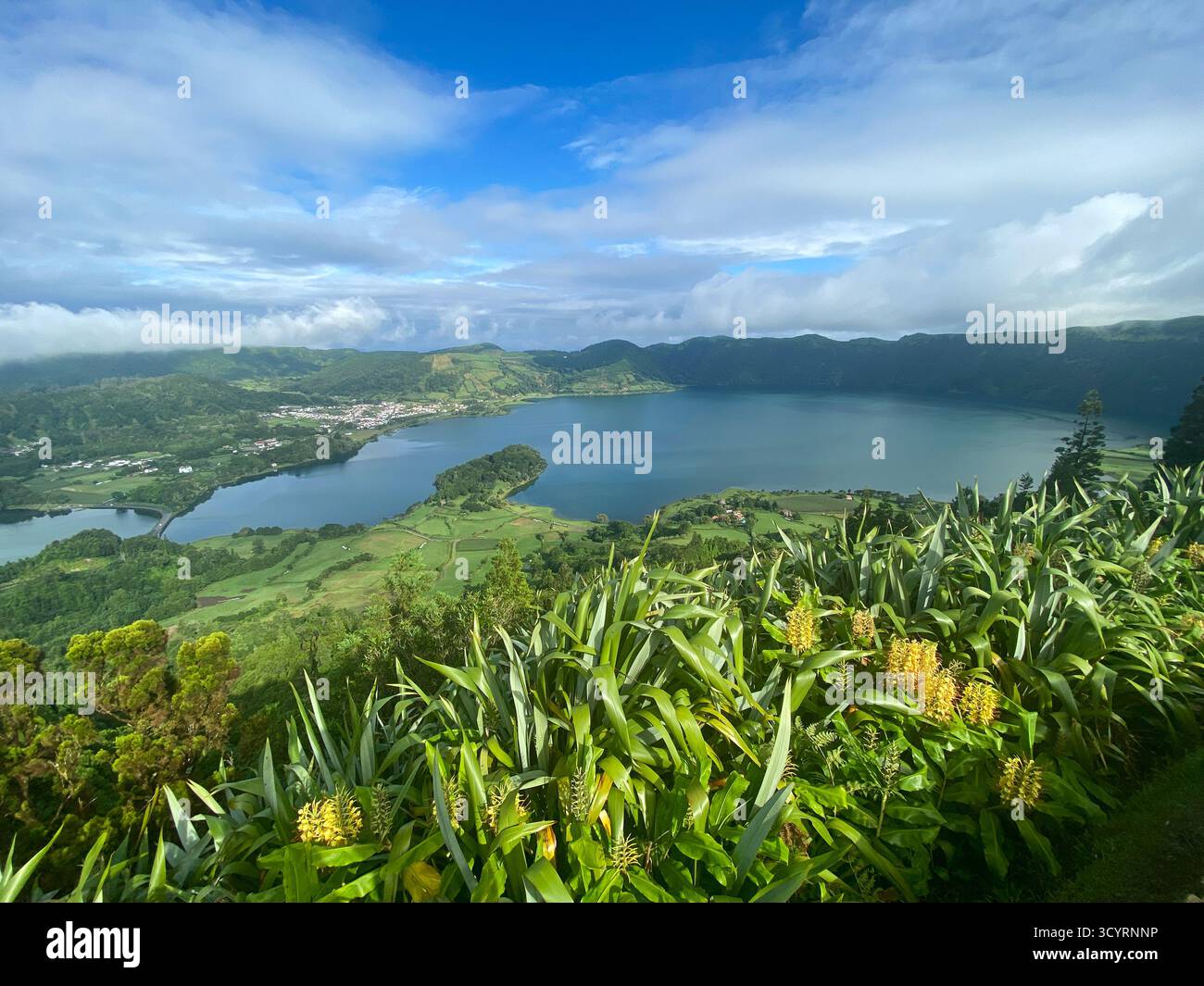 Iconic Panoramic View of the Blue and Green Lakes of Sete Cidades Crater, São Miguel, Azores - Smartphone Captured Stock Image