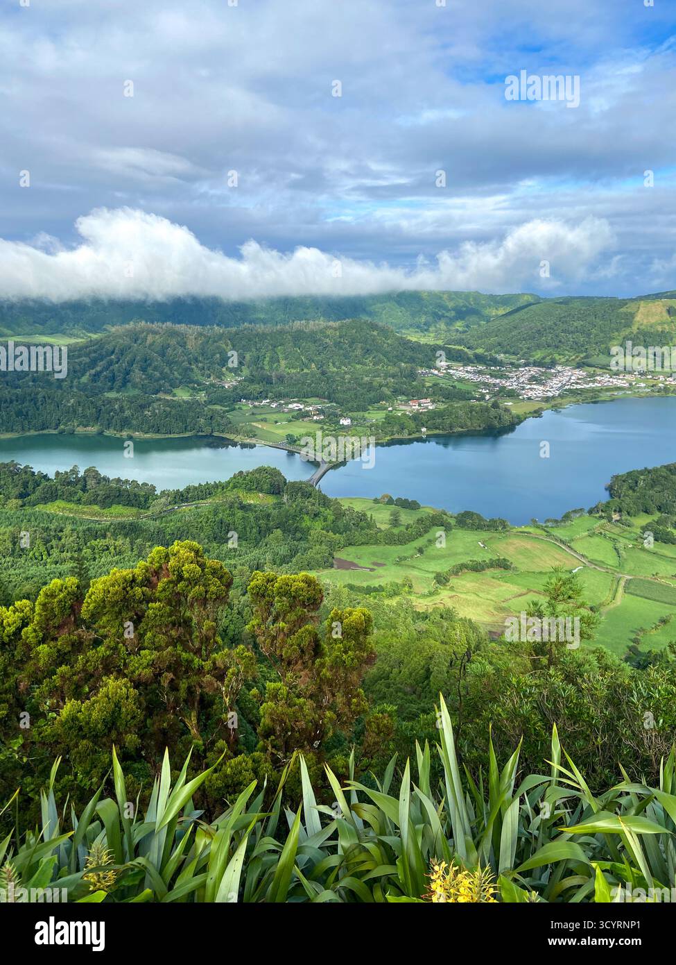 Lush Green Vista Over the Separated Blue and Green Lakes of Sete Cidades, Azores - Smartphone Captured Stock Image