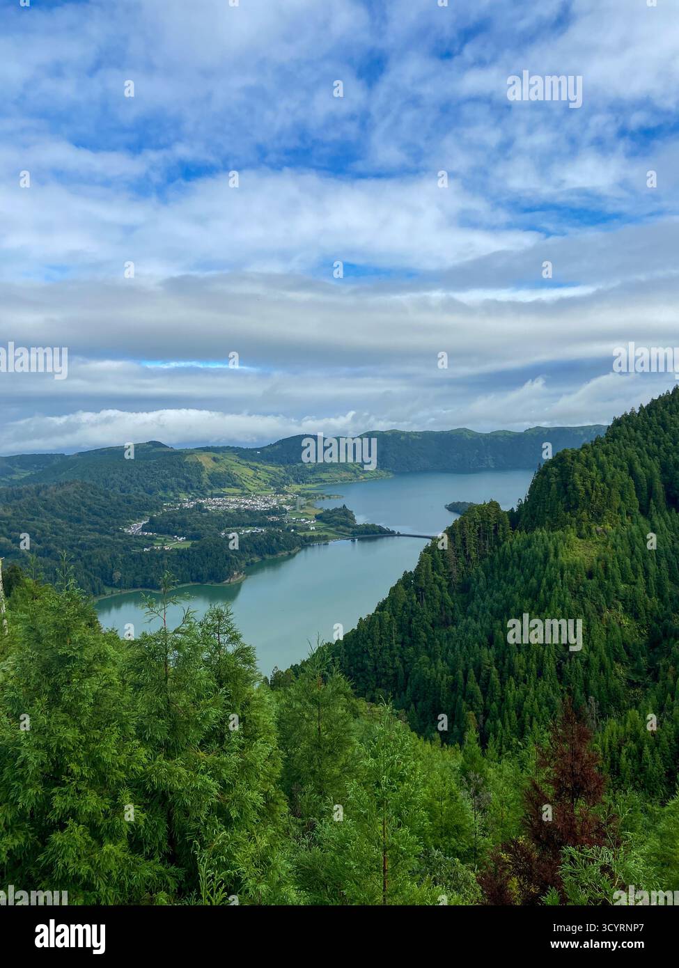 Forested Volcanic Rim Overlooking the Twin Lakes of Sete Cidades, São Miguel, Azores - Smartphone Captured Stock Image