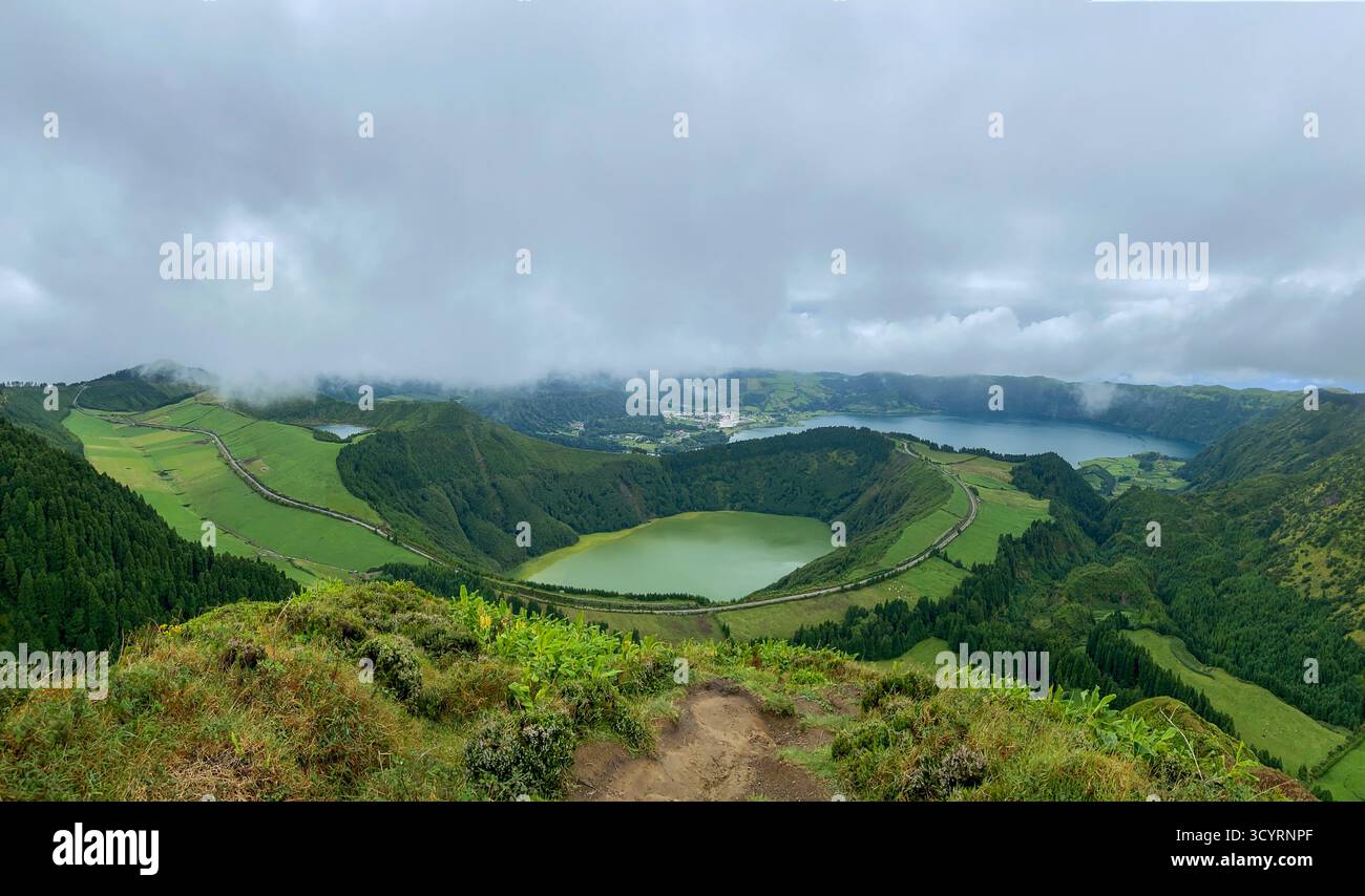 Dramatic Vista of Sete Cidades Crater Lakes Under a Cloudy Sky, São Miguel, Azores - Smartphone Captured Stock Image