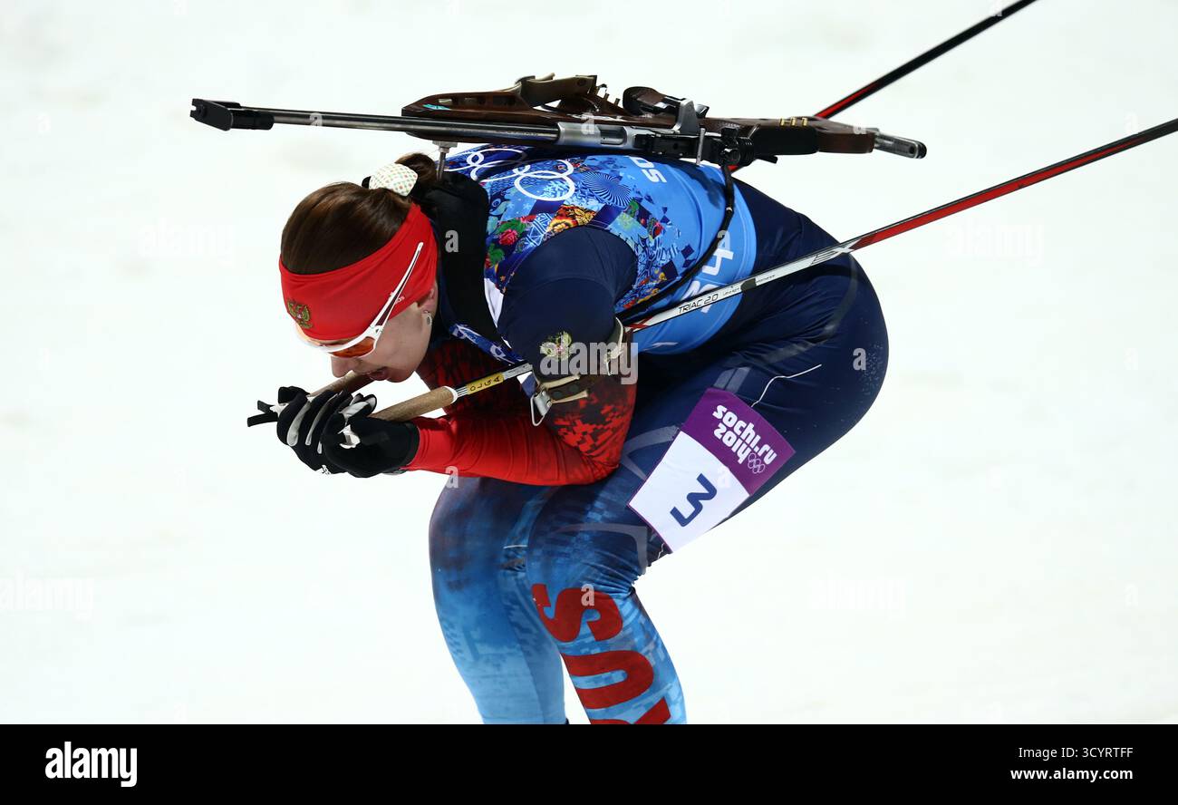 Olga Vilukhina ( RUS ) Biathlon Women`s 4x6km Relay Laura Biathlon Center XXII  Olympic Winter Games Sochi 2014 © diebilderwelt / Alamy Stock Stock Photo -  Alamy, image size:1300x888