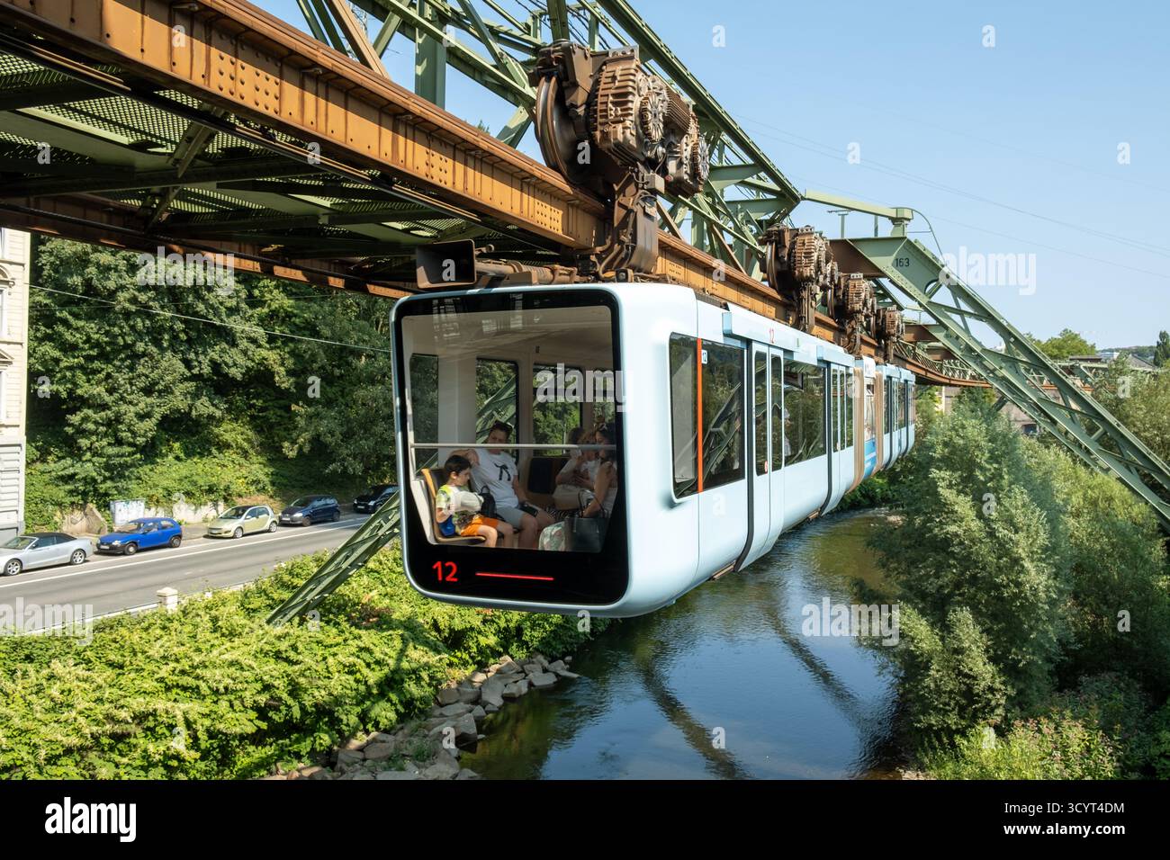 15.08.2025, Germany, North Rhine-Westphalia, Wuppertal - The Wuppertal Suspension Railway, a means of transport, tourist attraction and landmark of th Stock Photo