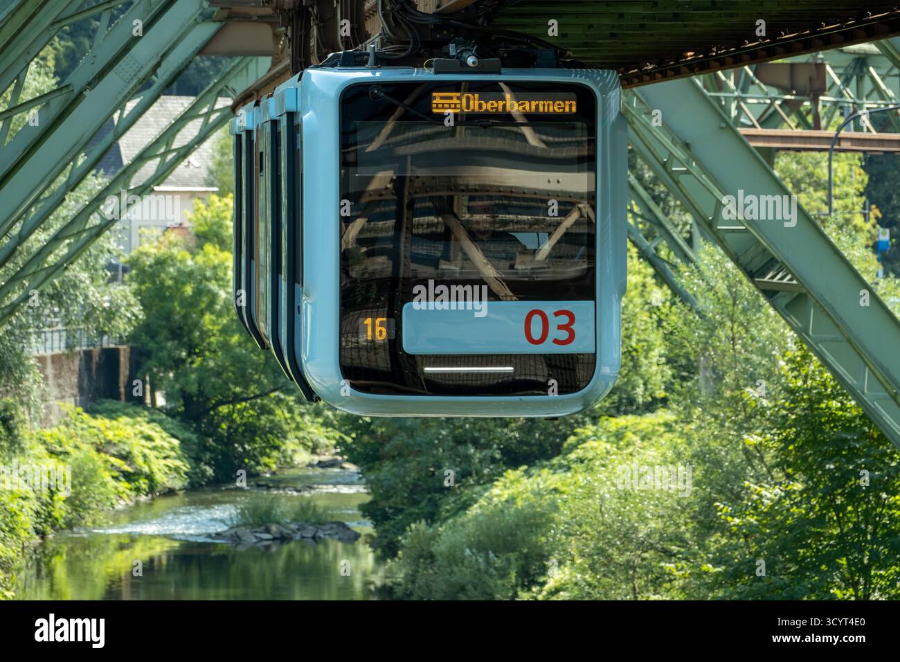 15.08.2025, Germany, North Rhine-Westphalia, Wuppertal - The Wuppertal Suspension Railway, a means of transport, tourist attraction and landmark of th Stock Photo