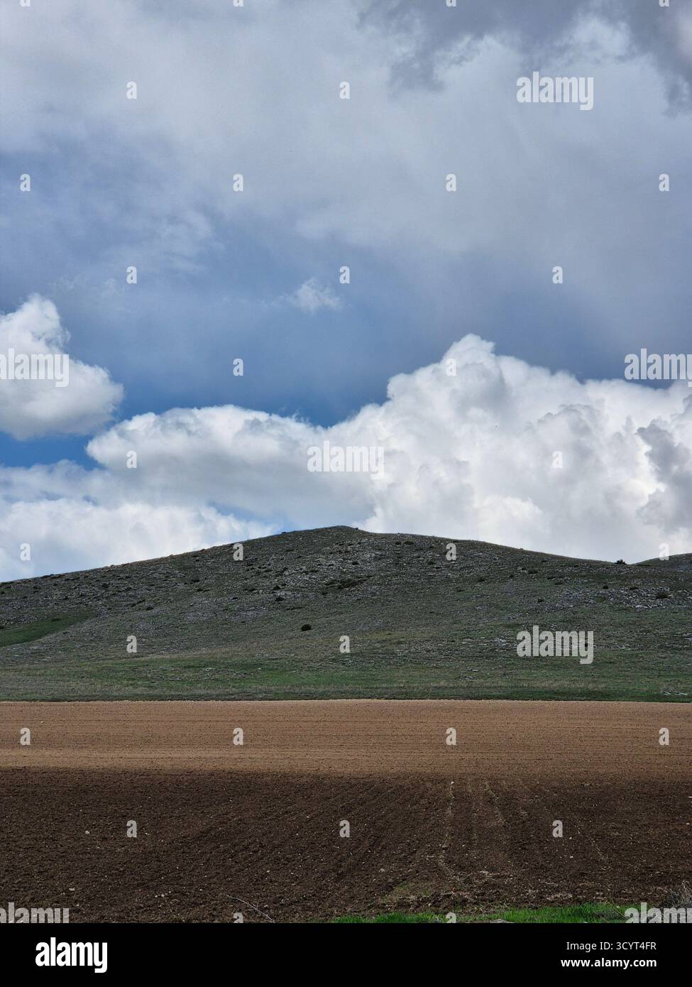 Landscape with mountain and clouds. The landscape with grey mountain and white clouds, green grases - Smartphone Captured Stock Image