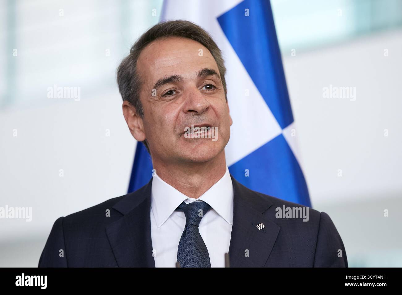 13.05.2025, Germany, Berlin, Berlin - The Prime Minister of the Hellenic Republic, Kyriakos Mitsotakis, at a press conference in the Chancellery. 00R2 Stock Photo