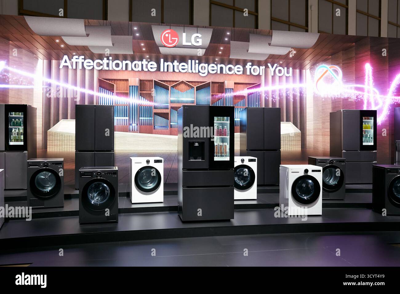 05.09.2025, Germany, Berlin, Berlin - At IFA 2025, LG's stand will present its new refrigerators and washing machines like an orchestra on a podium. B Stock Photo