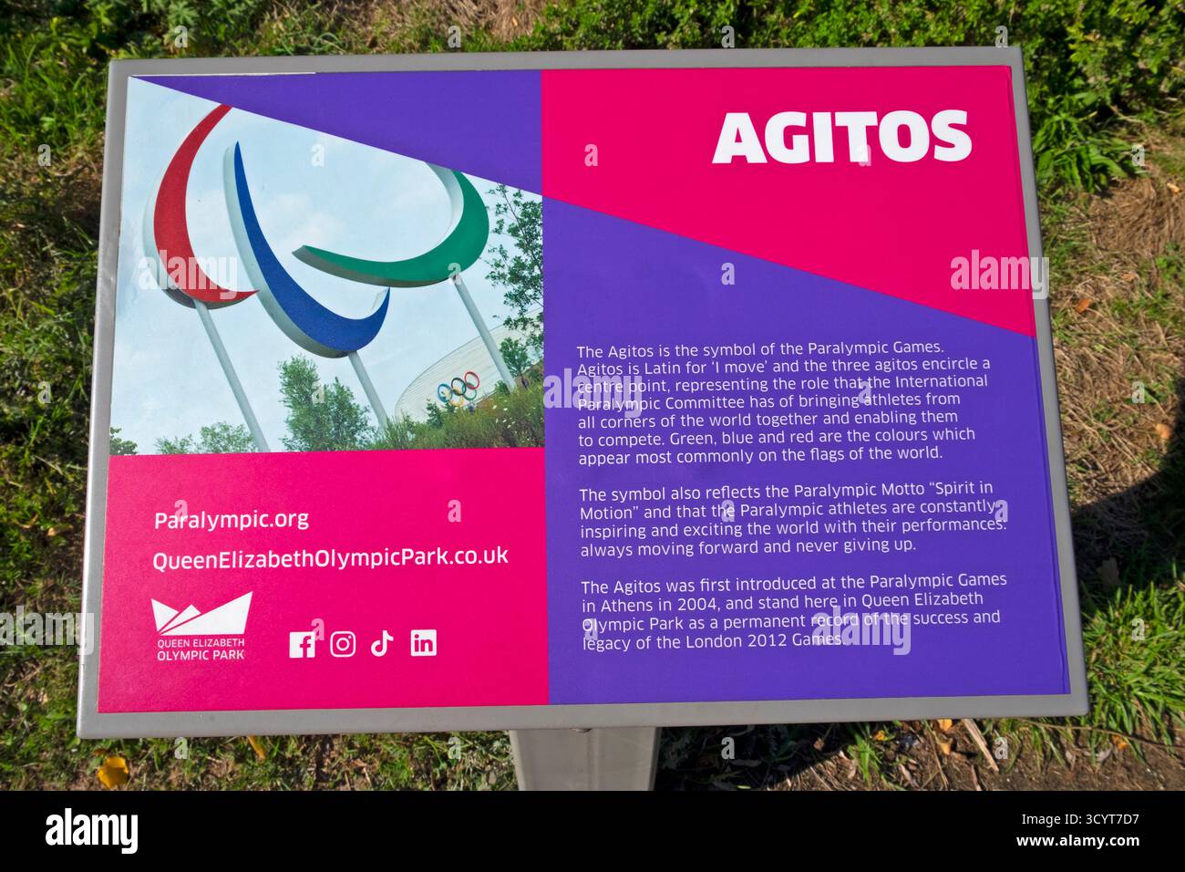 Agitos sign on the site of Queen Elizabeth Olympic Park Borough of Newham Stratford East London E20 UK England KATHY DEWITT Stock Photo