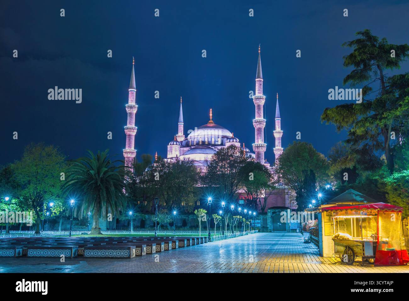 Istanbul Turkiye (Turkey), night city skyline at The Blue Mosque Sultan ...