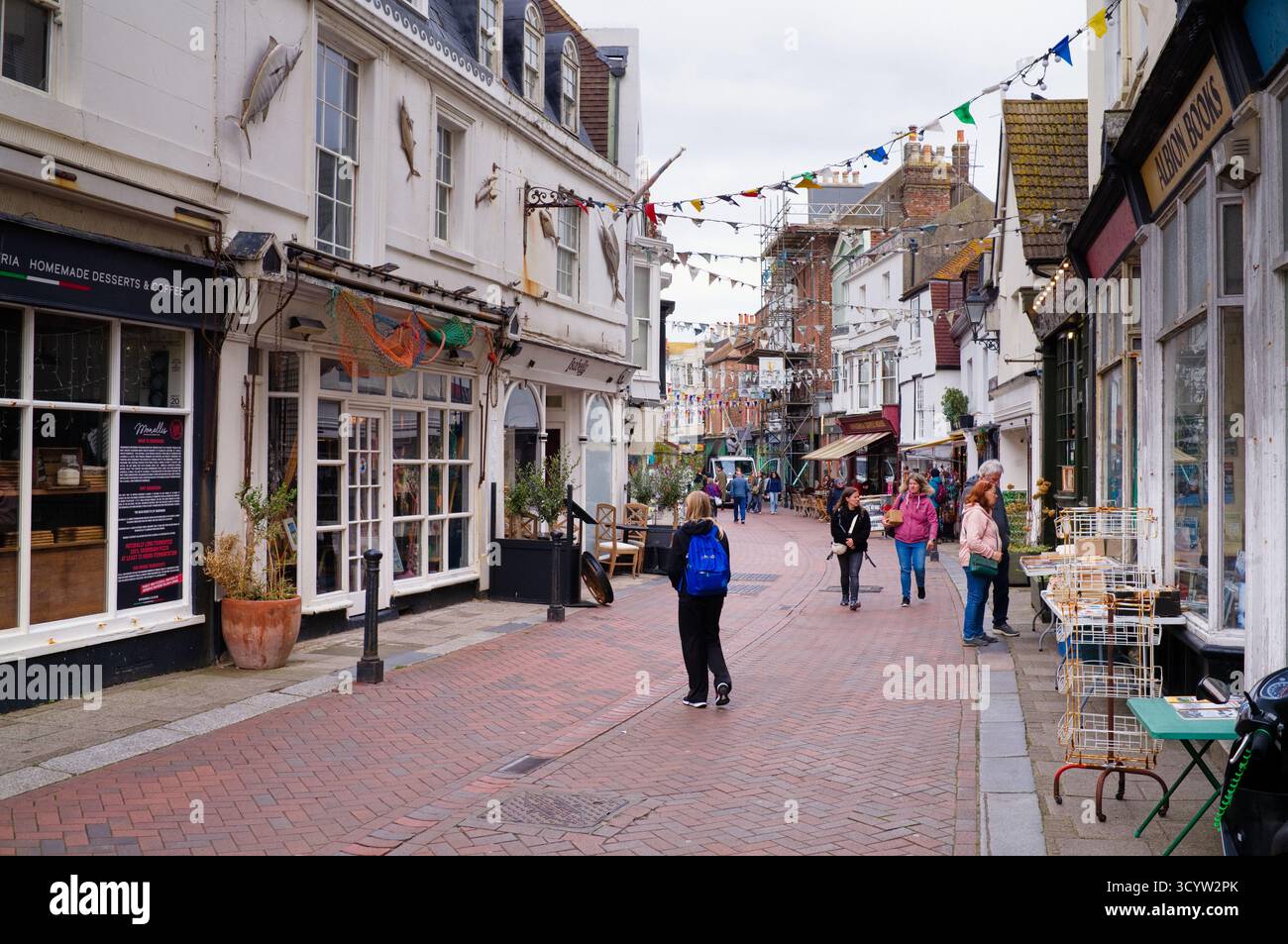 Small individual shops and cafes in the old town at Hastings Stock Photo