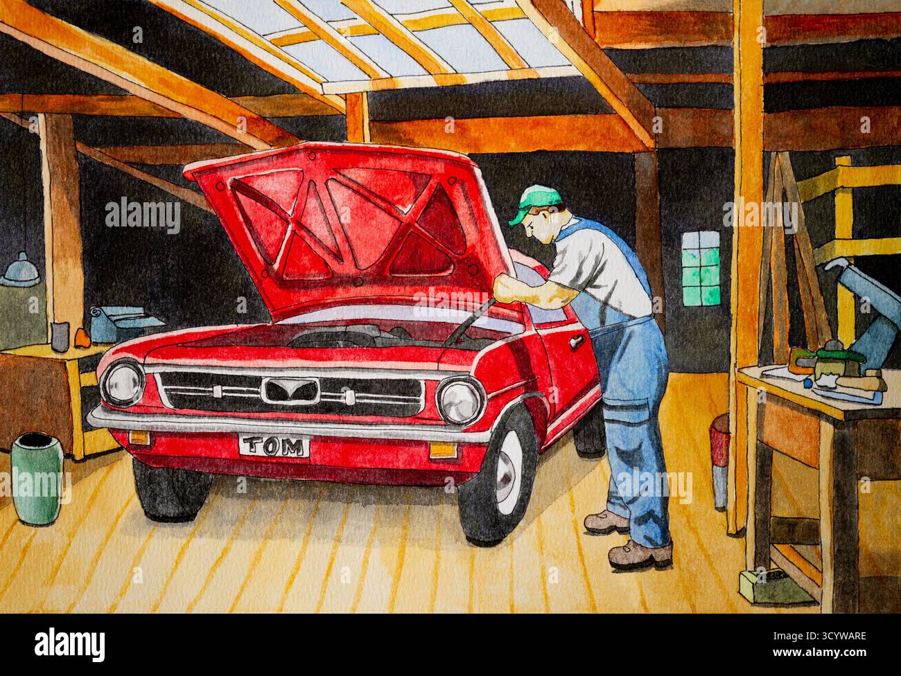 Watercolor On Watercolor Paper Shows A Car Mechanic In A Workshop watercolor-on-watercolor-paper-shows-a-car-mechanic-in-a-workshop