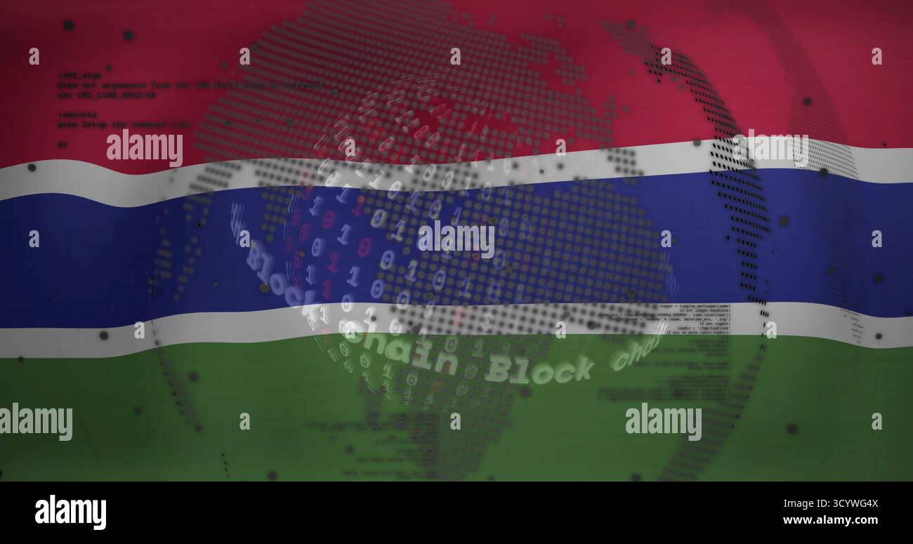Displaying digital globe hovering over Gambian flag, with floating binary code and Chain Block text Stock Photo