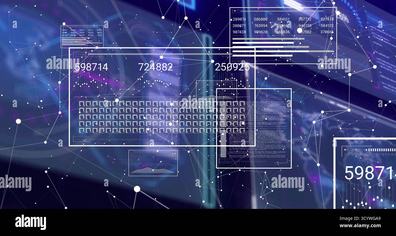 Floating central data panel showing numeric readouts with icons in interface, nodes linking panels Stock Photo