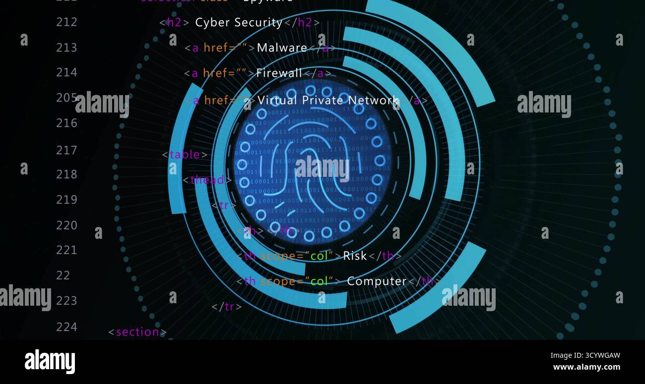 Displaying blue fingerprint icon pulsing with HUD rings on screen, with HTML code and binary digits Stock Photo