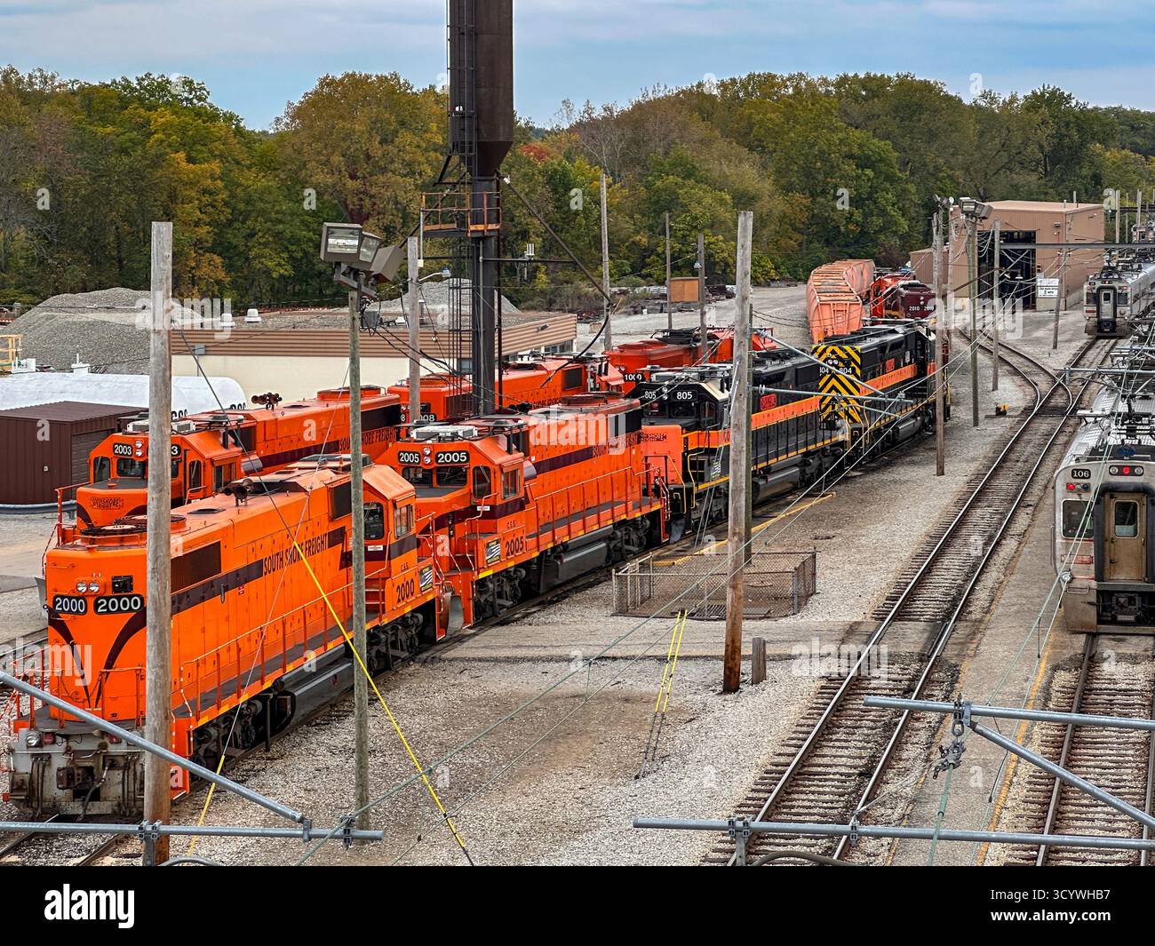 Chicago South Shore & South Bend Railroad trains in a train yard. Michigan City, IN USA - Smartphone Captured Stock Image
