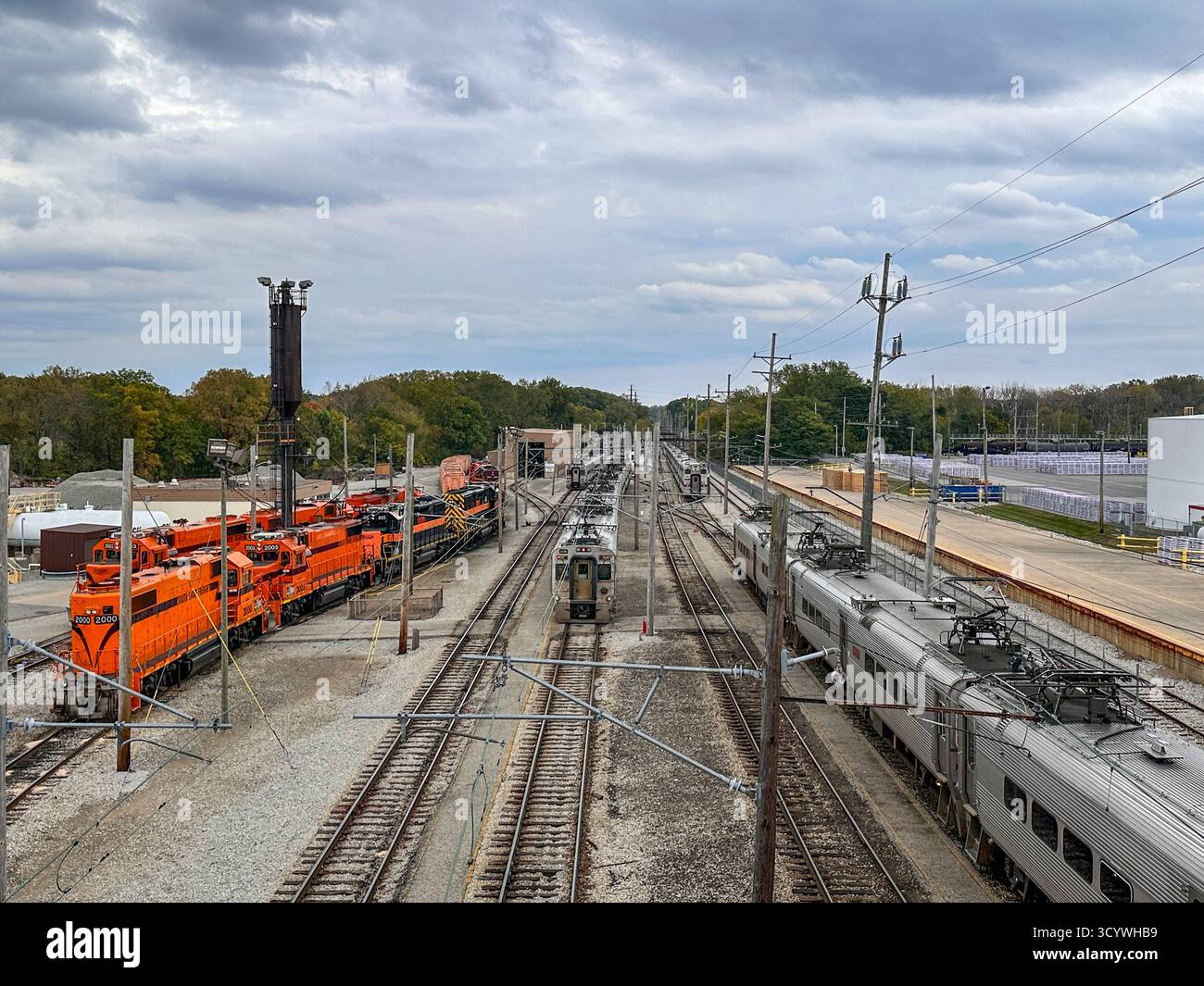 Chicago South Shore & South Bend Railroad trains in a train yard. Michigan City, IN USA - Smartphone Captured Stock Image