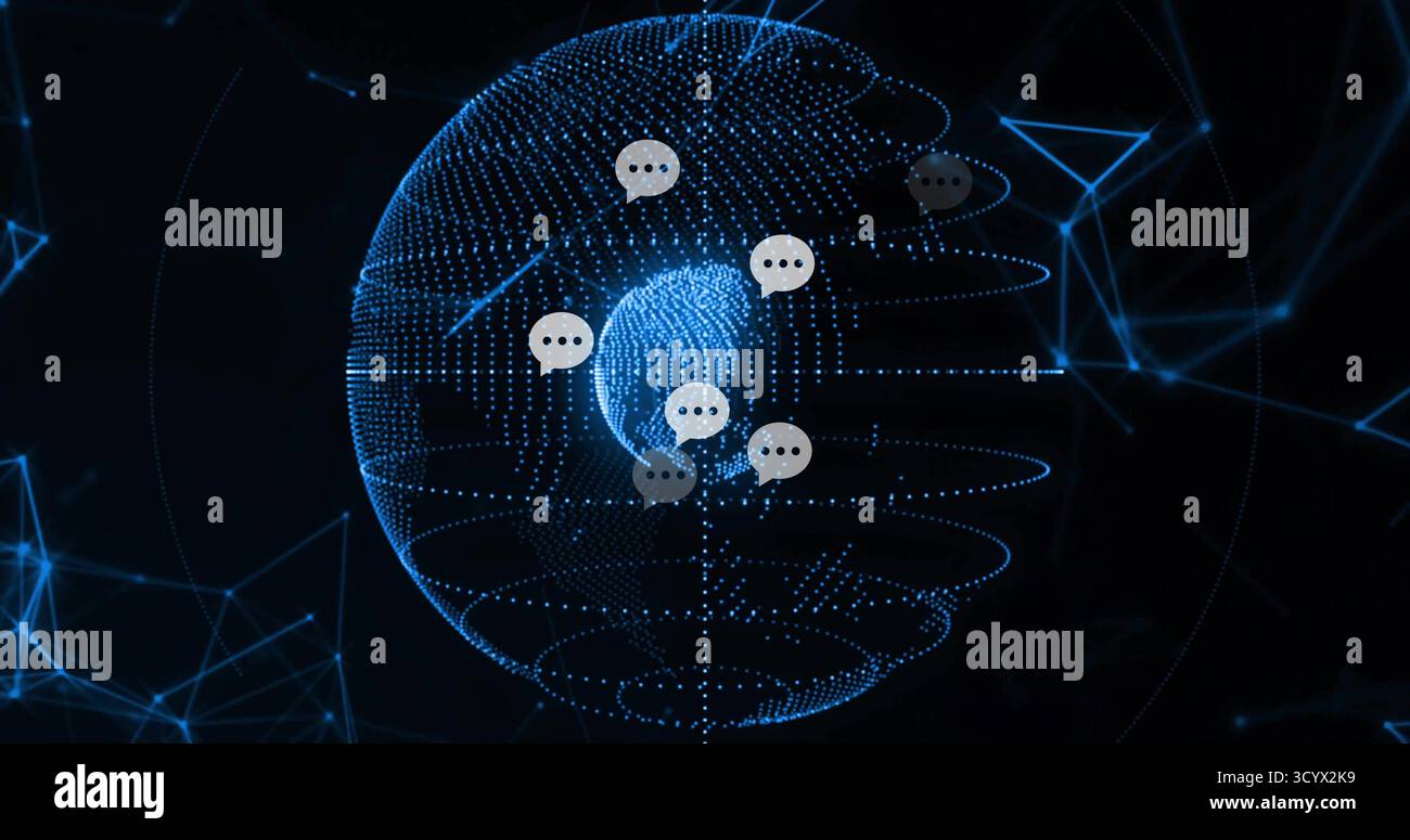 Displaying dotted globe spinning in network, with node lines, angular data links, chat bubbles Stock Photo